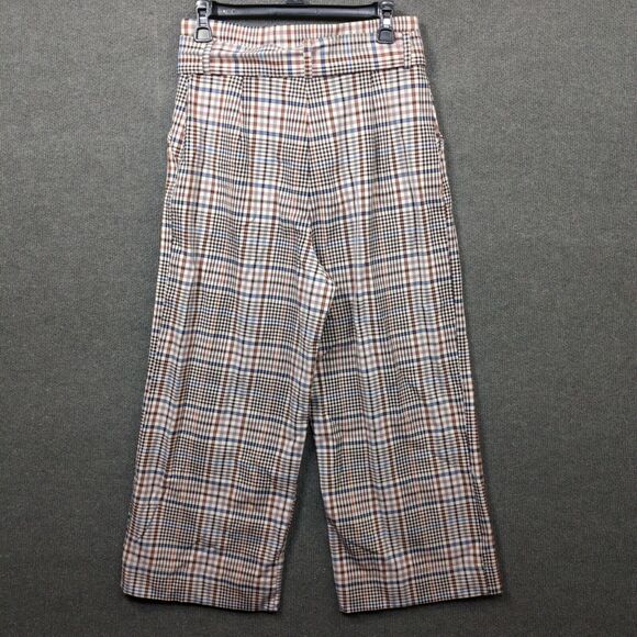 HM Wide Leg Pants Womens 8 Plaid Tie Belt High Rise Waist Pockets Office Career - Picture 5 of 14